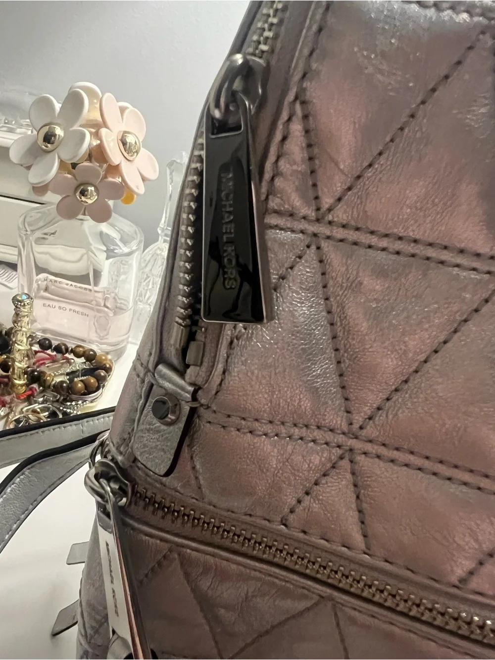 Michael Kors Metallic Silver Quilted Backpack